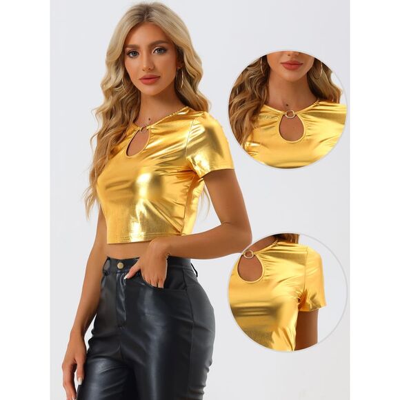 Metallic Crop Tops Keyhole Short Sleeve Party Shiny Holographic Top Gold - Picture 2 of 5